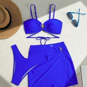 3 PC Bikini Swimsuit Set (Color: Blue)